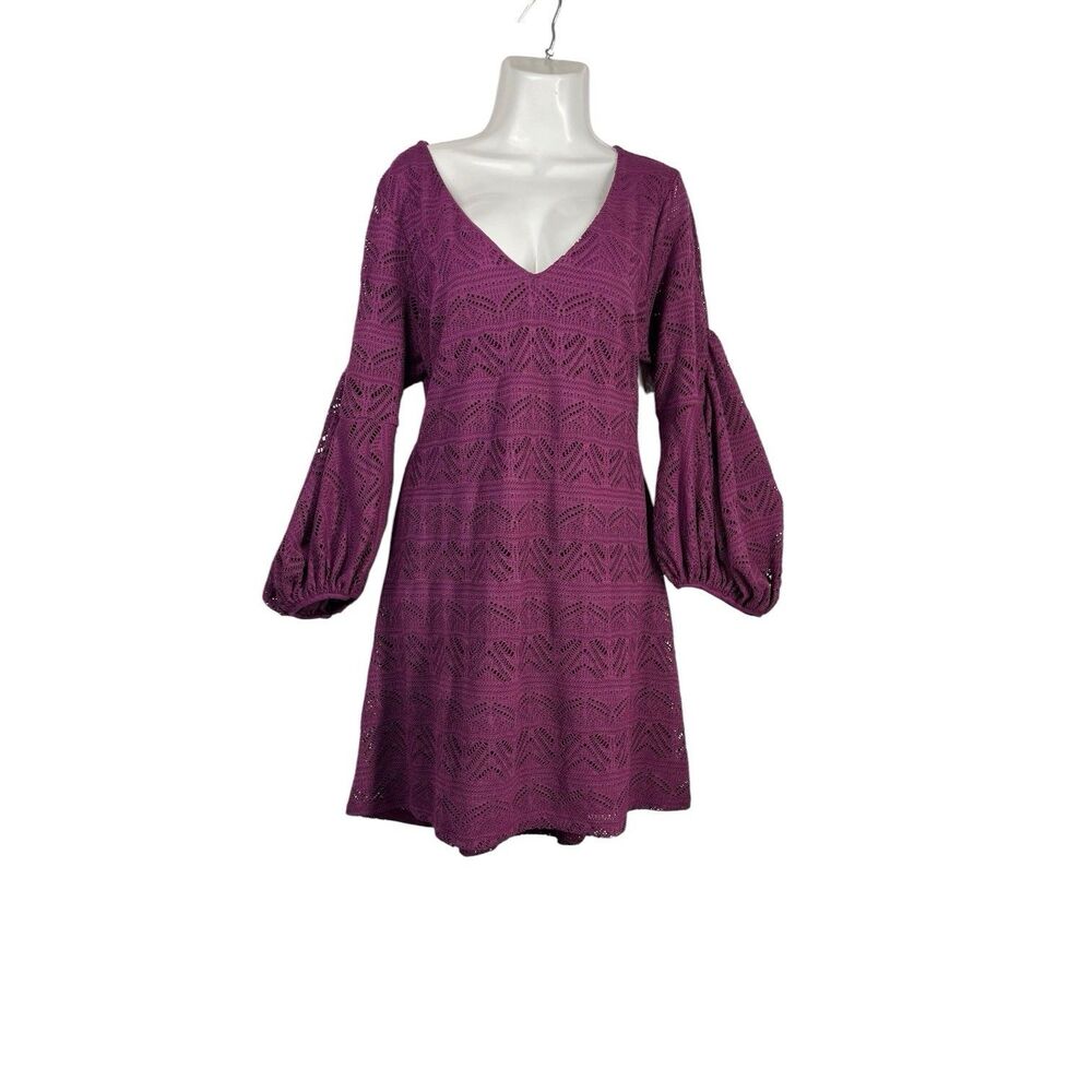 Maeve Anthropologie Laila Purple Crochet Lace V-Neck Mini Dress Balloon Sleeve L